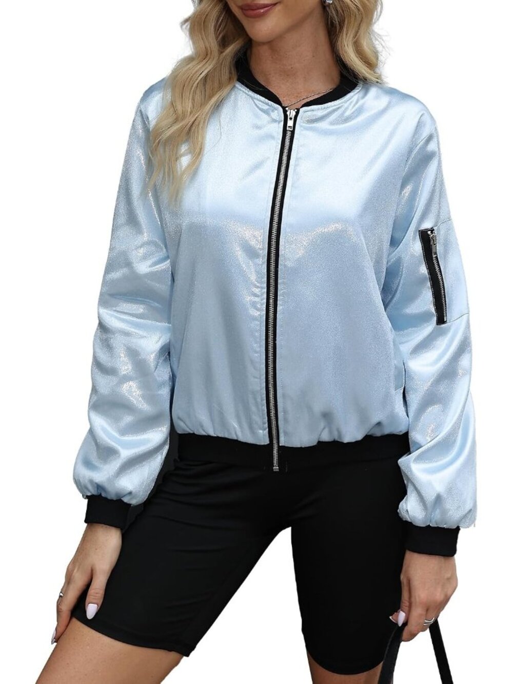 Women Silver 100% Polyester Zip-Up Shawl Collar Pocket Windbreaker Bomber Jacket